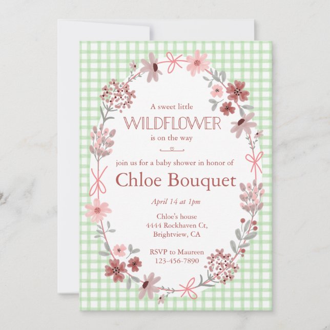 018 Grass Green Wildflower Bow Gingham Baby Shower Invitation (Front)