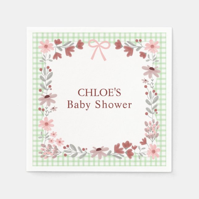 018 Grass Green Wildflower Bow Gingham Shower Napkins (Front)