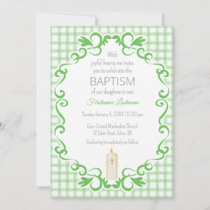 018 Grass Scroll Gingham Cross Candle Baptism Invitation