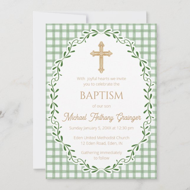 019 Forest Botanical Vine Ornate Cross Baptism Invitation (Front)