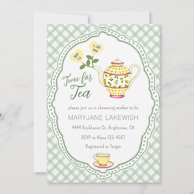 019 Forest Cute Gingham Tea Party Baby Shower Invitation (Front)