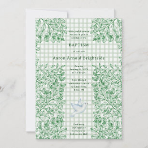 019 Forest Dove Botanical Cross Gingham Baptism Invitation