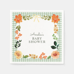 019 Forest Green Floral Gingham Baby Shower Napkins