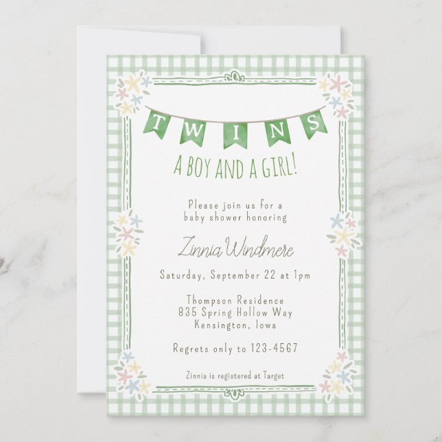 019 Forest Green Gingham Floral Twins Baby Shower Invitation (Front)