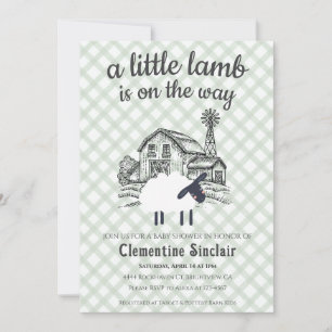 019 Forest Green Little Lamb Plaid Baby Shower Invitation