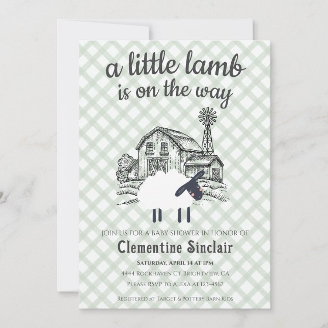 019 Forest Green Little Lamb Plaid Baby Shower Invitation (Front)