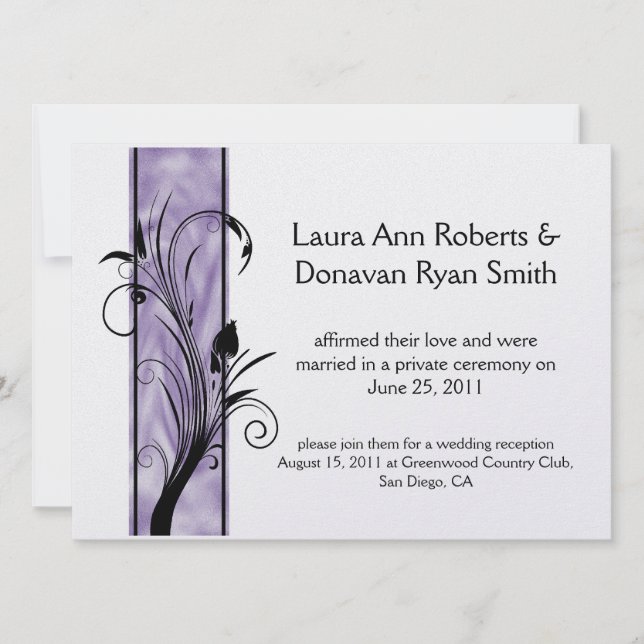 01 Black Floral Swirls Purple Stripe Post Wedding Invitation (Front)