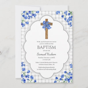 020 Fog Gray Blossom Rustic Cross Design Baptism Invitation