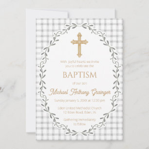 020 Fog Gray Botanical Vine Ornate Cross Baptism Invitation