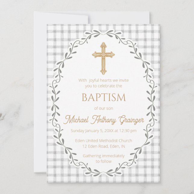 020 Fog Gray Botanical Vine Ornate Cross Baptism Invitation (Front)