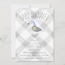 020 Fog Gray Cute Floral Bird Gingham Baby Shower