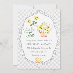 020 Fog Gray Cute Gingham Tea Party Baby Shower Invitation