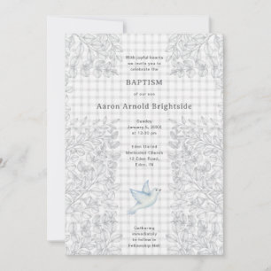 020 Fog Gray Dove Botanical Cross Gingham Baptism Invitation