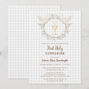 020 Fog Gray Dove & Chalice Gingham 1st Communion Invitation