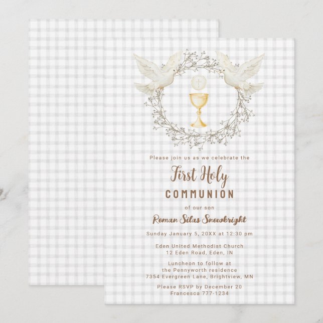 020 Fog Gray Dove & Chalice Gingham 1st Communion Invitation (Front/Back)