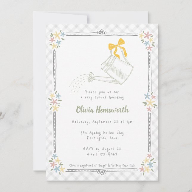 020 Fog Gray Gingham Watering Can Baby Shower Invitation (Front)