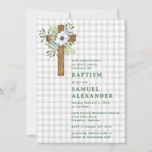020 Fog Gray Rustic Greenery Wooden Cross Baptism Invitation