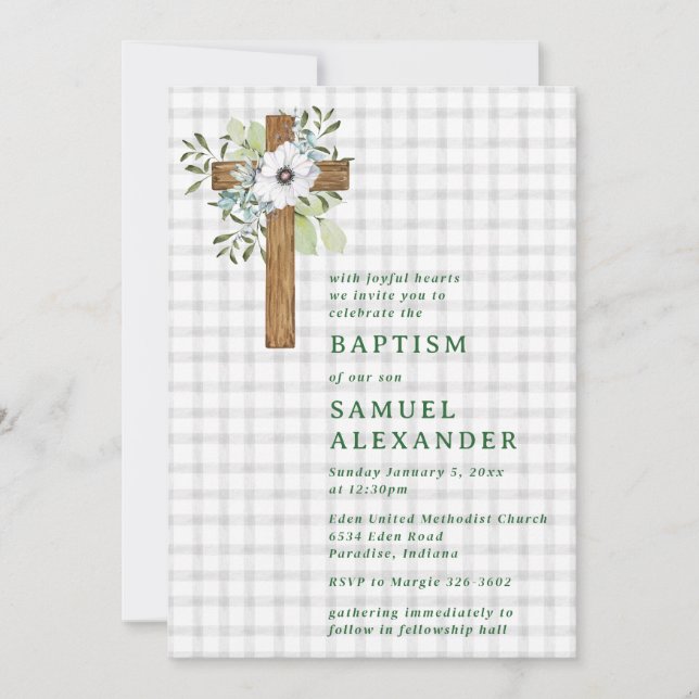 020 Fog Gray Rustic Greenery Wooden Cross Baptism Invitation (Front)