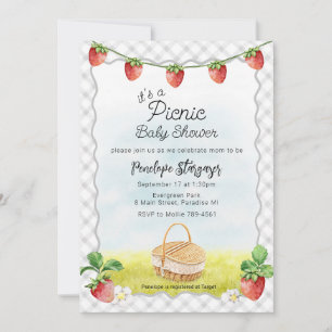 020 Fog Gray Strawberry Picnic Baby Shower Invitation