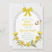 020 Fog Gray Yellow Daisy Bow Gingham Baby Shower