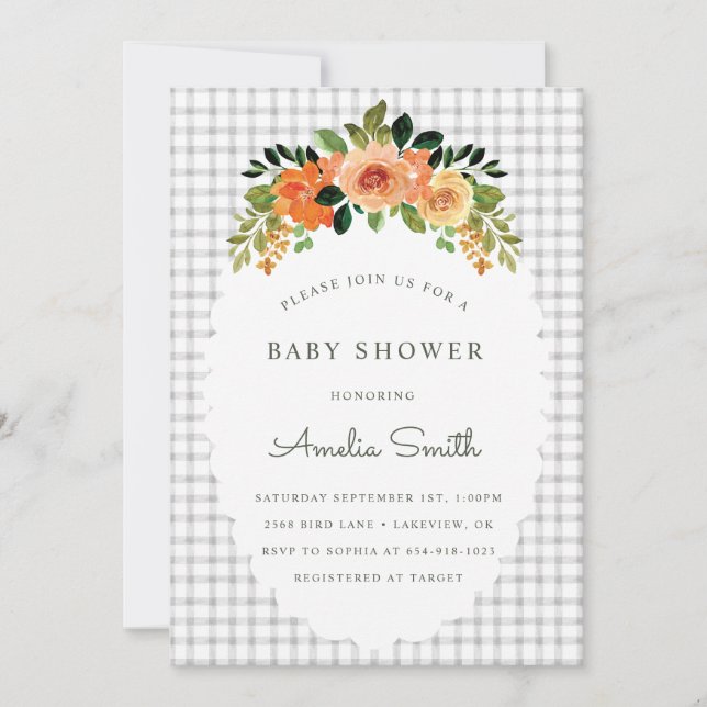 020 Fog Grey Floral Gingham Baby Shower Invitation (Front)
