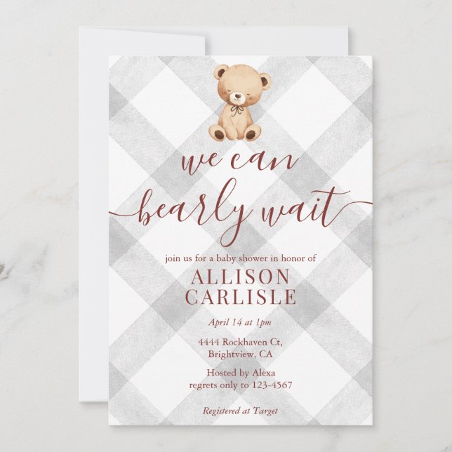 020 Fog Grey Teddy Bear Gingham Baby Shower Invitation (Front)