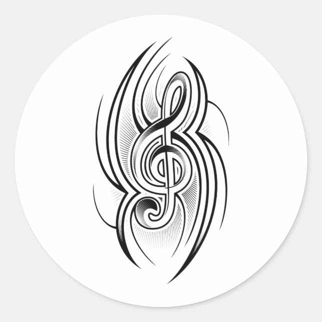 028 BLACK WHITE TREBLE CLEF TATTOO VECTOR DESIGN M CLASSIC ROUND STICKER (Front)