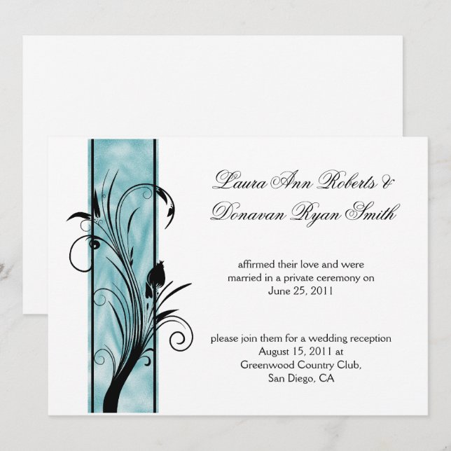 02 Black Floral Swirls Teal Stripe Post Wedding Invitation (Front/Back)