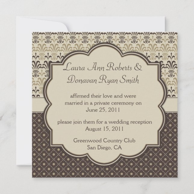 02 Brown Tan Cream Damask Dots Post Wedding Invitation (Front)