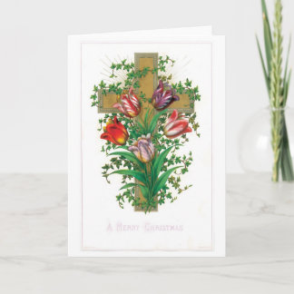 042 Vintage Christmas Card Religious Cross Tulips