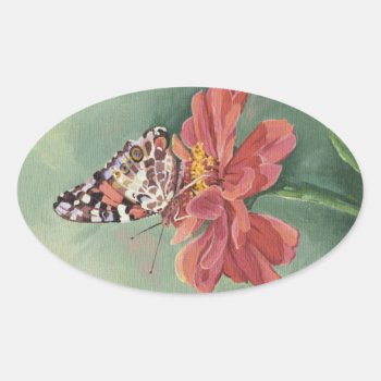 0461 Painted Lady Butterfly On Zinnia Oval Sticker by RuthGarrison at Zazzle