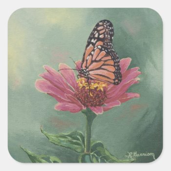 0465 Monarch Butterfly On Zinnia Square Sticker by RuthGarrison at Zazzle