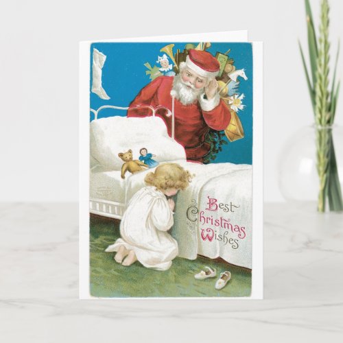 048 Vintage Christmas Card Santa Claus Praying