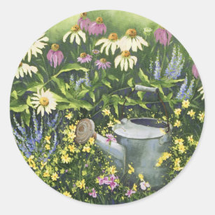0530 Cone Flowers & Watering Can Classic Round Sticker