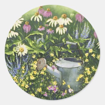 0530 Cone Flowers & Watering Can Classic Round Sticker by RuthGarrison at Zazzle