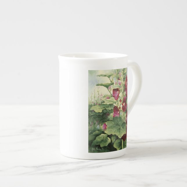 0536 Burgundy Hollyhocks Bone China Mug (Front Right)