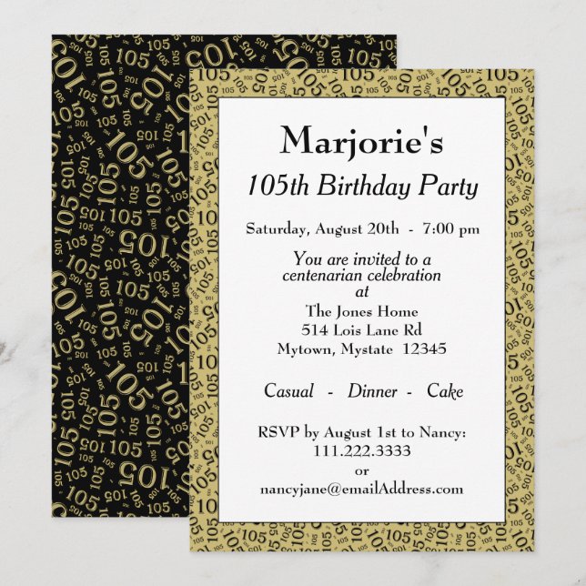 05th Birthday Party Black/Gold Number Pattern Invitation (Front/Back)