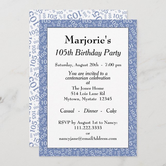 05th Birthday Party Blue/White Number Pattern Invitation (Front/Back)