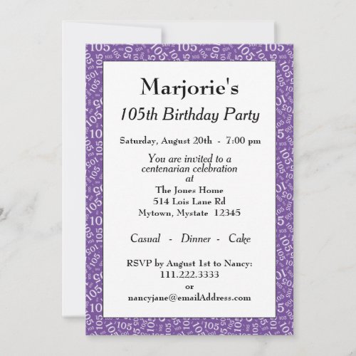 05th Birthday Party PurpleWhite Number Pattern Invitation