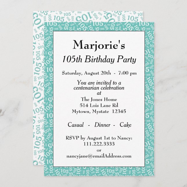 05th Birthday Party Teal/White Number Pattern Invitation (Front/Back)