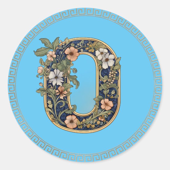0 Monogram blue floral AI-generated Classic Round Sticker (Front)