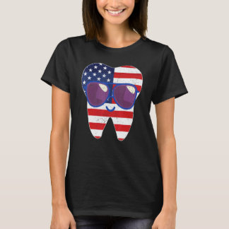 0 Retro Teeth Us Flag Glasses 4th Of July Dentist T-Shirt