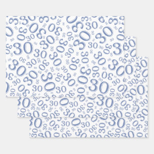 0th Birthday Blue/White Random Number Pattern Wrapping Paper Sheets