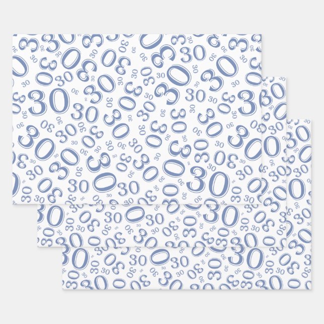 0th Birthday Blue/White Random Number Pattern Wrapping Paper Sheets (Set)