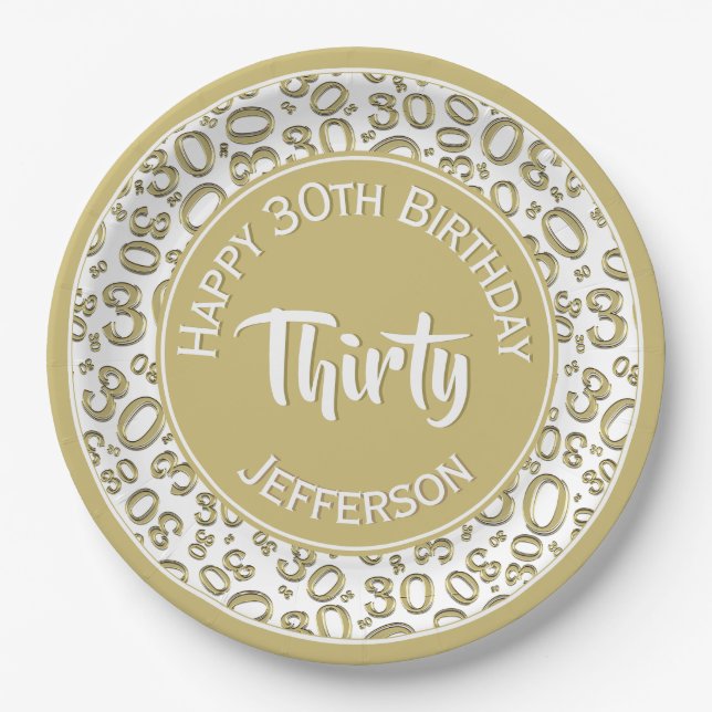 0th Birthday Funky Number Pattern Gold/White Paper Plates (Front)