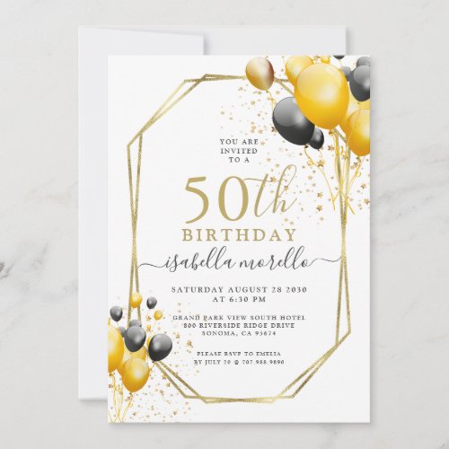 0th Birthday Gold Black Balloons Glitter Invitatio Invitation