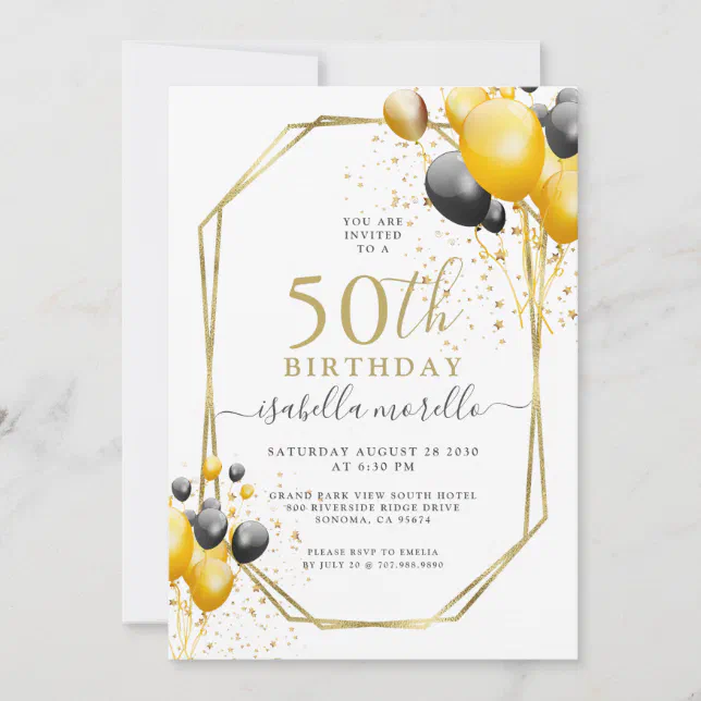 0th Birthday Gold Black Balloons Glitter Invitatio Invitation | Zazzle