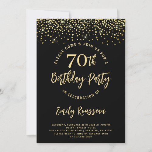 0th Birthday Gold Glitter Confetti Black  Invitation