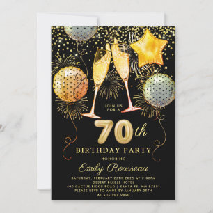 0th Birthday Party Gold Black Glitter Confetti Invitation