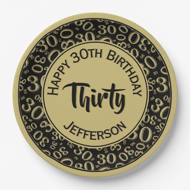 0th Random Number Pattern Black/Gold Paper Plates (Front)